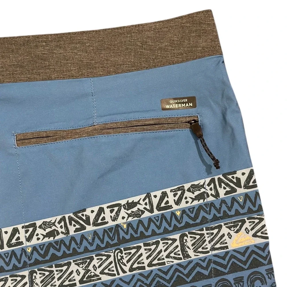 Quiksilver Waterman Board Shorts Liberty Tribal Fish Blue Gray Men's Size 44 NWT